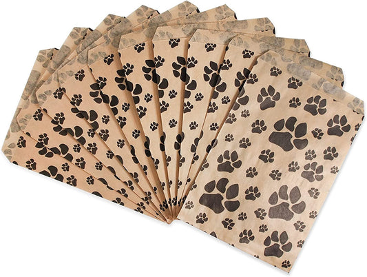 100 Bags of our Paw Print Paper Bags, Pet Gift Bags with Paw Prints, great for treats, store sales, party favors, animal theme events, promotions, and more.